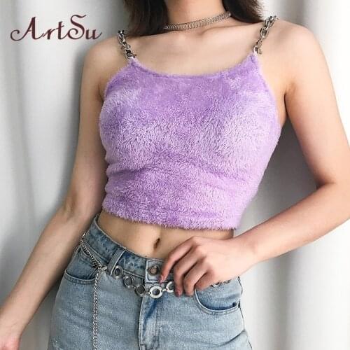 Artsu Chic Metal Chain Spaghetti Strap Summer Tops Women Cute Purple Solid Velvet Sweat Kawaii Korean Cami Tank Top ASDR70299