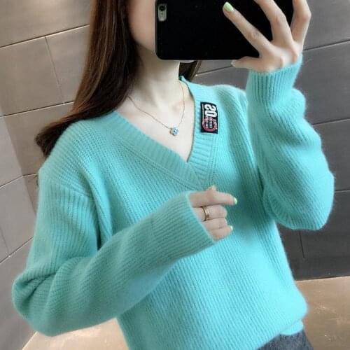 2021 Autumn Winter Korean V-Neck Sweater Women With Loose Long Sleeve Knitting Pullover Female Casual Fashion Jumper Mujer