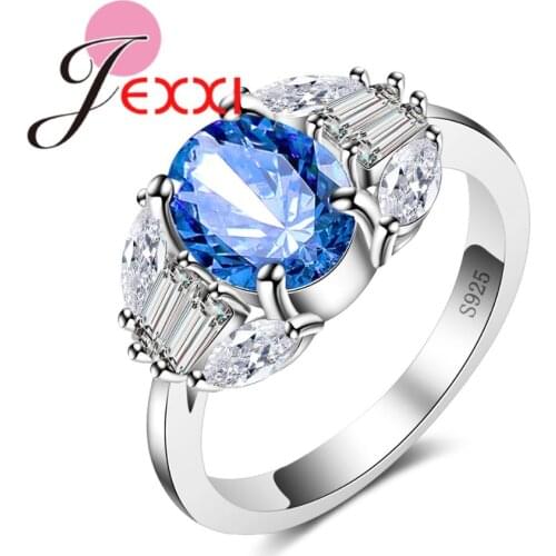 Romantic Love Heart Design Bague Femme with Oval Blue Crystal 925 Sterling Silver Rings for Women Wedding Jewelry