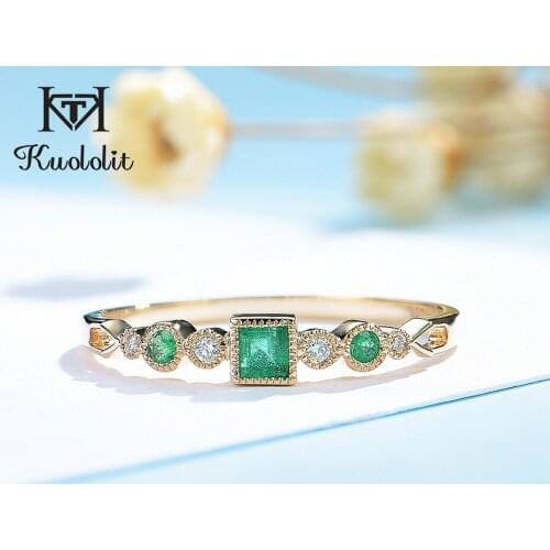 Kuololit Natural Emerald 585 10K 14K Solid yellow Gold Ring for Women Luxury Moissanite Ring for Vintage Engagement Promise Gift