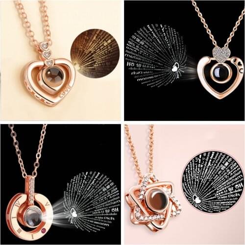 New Rose Gold 100 Languages I Love You Projection Pendant Necklace for Women Love Memory Wedding Necklace Valentines Day