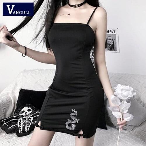 Vangull Spaghetti Strap Women Dress Dragon Embroidery Hem Slit Sexy Chinese Style Lady Sleeveless Summer Black Sling Mini Dress