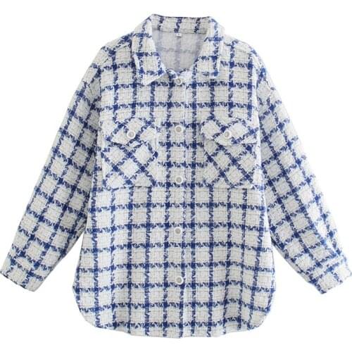ZXQJ Women 2021 Fashion Oversized Blue And white Plaid Small Fragrance Jacke Vintage Long Sleeve Pockets Female Chic Tops