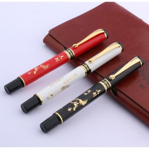 1Pc Hot Sale Office Metal Pen White Black Red With Golden Carved Chinease Character Painting Medium Nib Fountain Pen