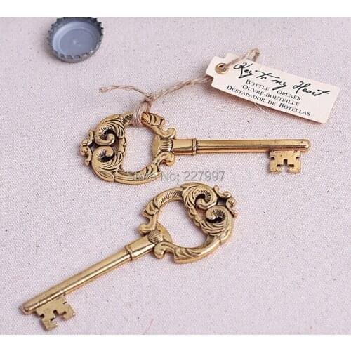 200pcs Key to My Heart Vintage Key Bottle Opener Gold Wedding Favors and gifts Wedding supplies Party Guests gift box Presents