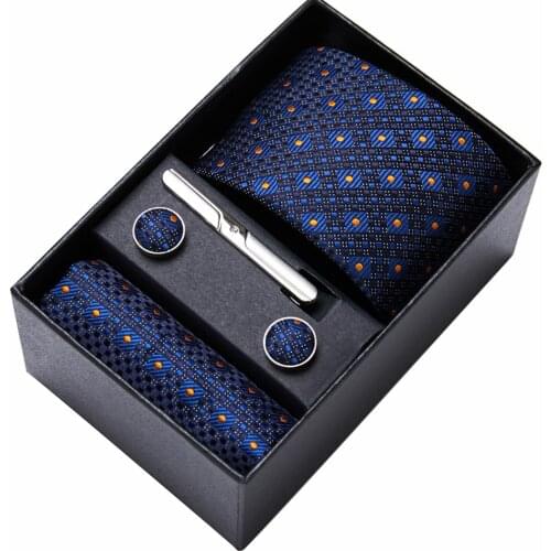 6pcs Cufflink With Box Wedding Clip Polyester Necktie Party Gift Extra Long Pocket Square Meeting Business Men Ties Set Dating