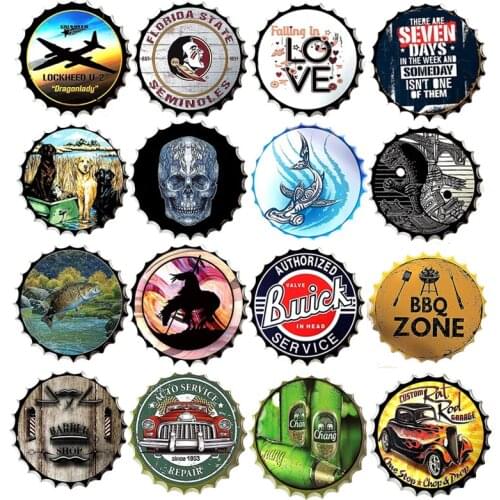 Car Barber Shop Beer Cap Sign Animal Pictures Art Crafts Metal Round Plate Wall Plaque Decoration Bar Garage Home Tin Sign Decor