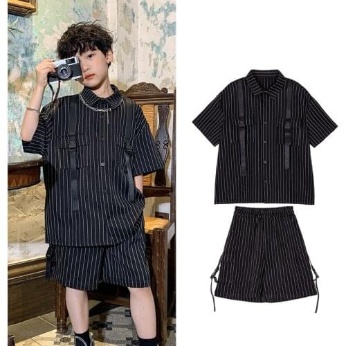 Children Summer Striped Shirt Short-Sleeved Suit Boys Girls Western Style Hip Hop Dance Clothes Jazz Street Dance Wear DQS7586