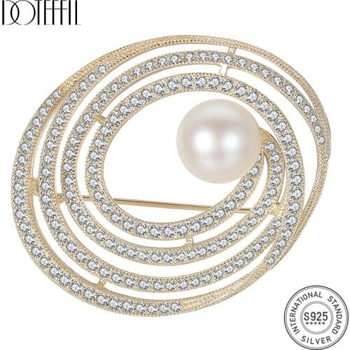 DOTEFFIL 925 Sterling Silver AAA Zircon Pearl Round Circle Gold Brooch For Woman Fashion Wedding Engagement Party Charm Jewelry