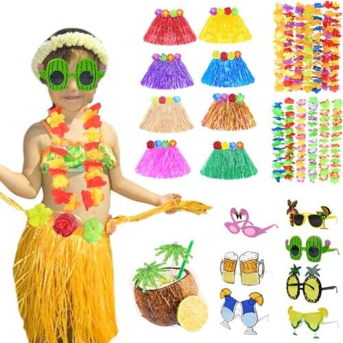 Hawaiian Party Decor Plastic Fibers Women Kids Grass Skirts Hawaii Beach Glasses Artificial Flowers Tropical Wedding Party Decor
