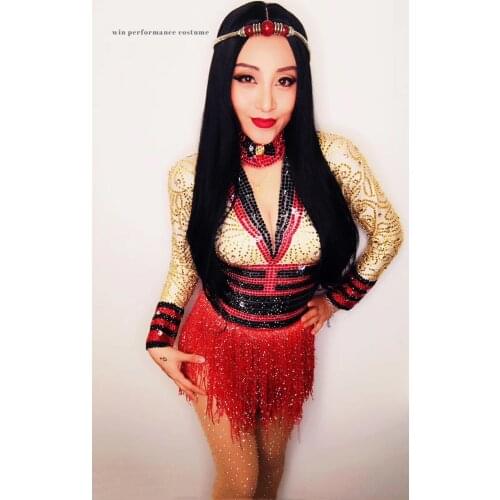 Gogo tights tassel dress Womens Birthday Celebrate Mesh Outfit Bar Women Dancer pantihose Sparkly Silver Rhinestones v neck