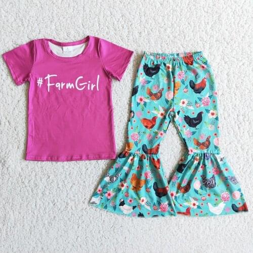Hot Sale Little Girls Summer Clothes Bell Bottom Outfits Farm Girls Kids Boutique Clothing Chicken Print Toddler Baby Clorthes