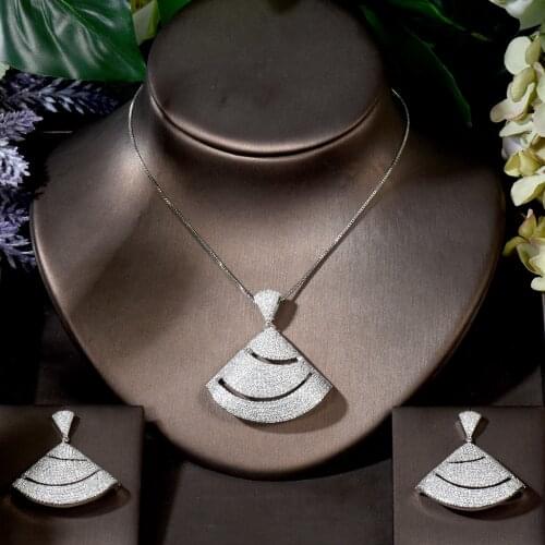 HIBRIDE Small Fan Shape Pendant Necklace Link Chain Jewelry Set For Women Wedding Dress Accessories Bijoux Femme N-658