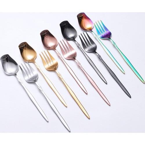 Creative Dessert Spoon Stainless Steel Shovel Shaped Spoon Fork Hotel Home Titanium Western Tableware Rose Heart-Shaped
