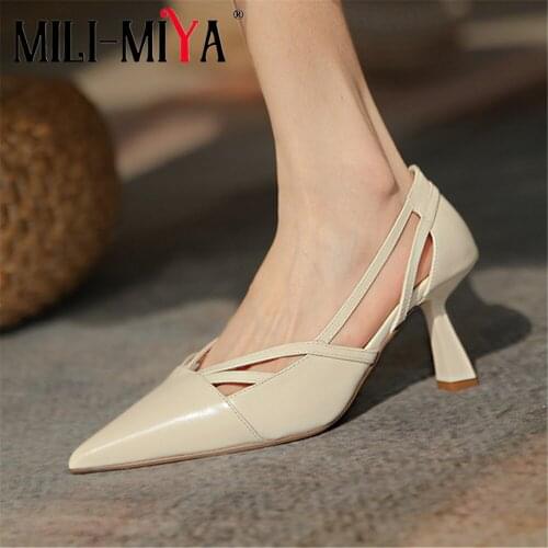 MILI-MIYA Fashion Pointed Toe Women Genuine Leather Pumps Square Heels Slip On Solid Color Dress Party Shoes Handmade For Ladies