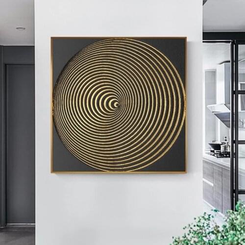Fashion Canvas Painting Black and Gold Circle Burst Square Poster Print Luxurious Wall Art Pictures for Living Room Decor