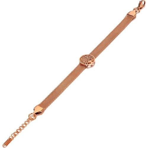 Trendy Round Disc Tree Charm Bracelets Jewelry For Women Rose Gold Stainless Steel Network Chain Link Bracelet B20028