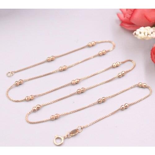 Real 18K Rose Gold Chain For Women Female 2.2mm Carved Beads Gold Box Chain Necklace 42cm Length Au750