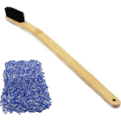 NEW-2 Pcs Car Accessories: 1 Pcs Car Rim Wheel Bamboo Handle Mane Brushes & 1 Pcs Car Wash Cloth Microfiber Car Wash Towel