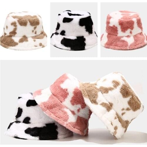 New Winter Cow Print Plush Bucket Hats for Women Tourism Outdoor Warm Hat Soft Velvet Fisherman Cap Lady Fashion Panama Present