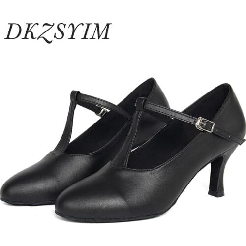 DKZSYIM Modern Dance Shoes Ladies Leather Ballroom Tango Shoes Diamonds Cowhide Soft Sole Standard Dance Shoes Square Heel 6.5CM