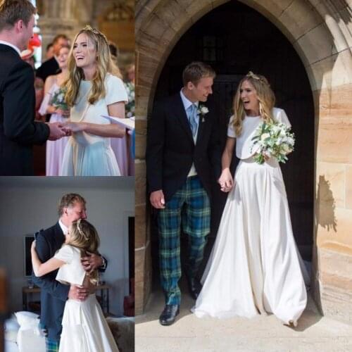 Two Pieces A-Line Wedding Dresses Jewel Short Sleeve Open Back Bridal Dresses High Quality Elegant bridal dress Wedding Gowns