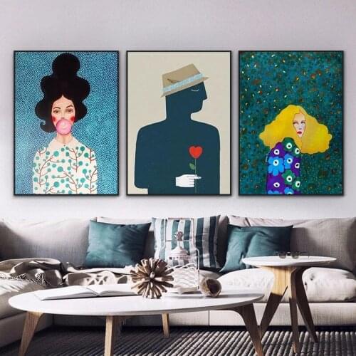 Girl Yellow Curly Hair Posters, Red Heart Woman Bubble, Home Decoration, Canvas Print Wall Painting For Living Room