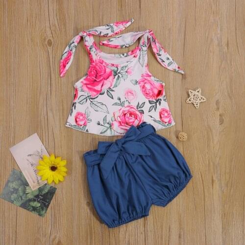 Girls Casual Two-piece Clothes Set, White Floral Printed Pattern Sleeveless U-shaped Collar Tops and Shorts