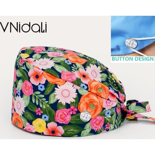 Flower printing Adjustable Cotton Work Scrub Cap Smile Teeth Print Bouffant Hat Head Scarf Pet Grooming Agency Scrubs Hats