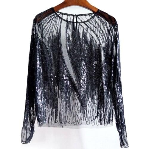 Spring Fall Fashion European Style Womens Black Red Sequin Full Sleeve Mesh Blouse Shirt , Woman Female Woman Glitter Blouses