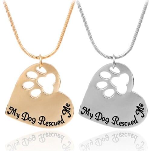 Pet Memorial Jewelry My Dog Rescued Me Engraved Pet Paw Prints Pet Lover Heart Shaped Pendant Necklace Animal Keepsake Charms