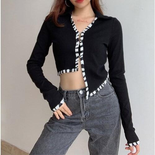 New Style Casual Sexy Animal Black and White Striped Blouse with Irregular Hollow Hem and Navel Open V-neck Cardigan Women