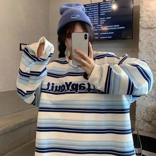 Stripe Oversized Hoodies Women Letter Printing Crewneck Sweatshirt Pullover Harajuku Girls Cute Loose Long Sleeve Tops Female