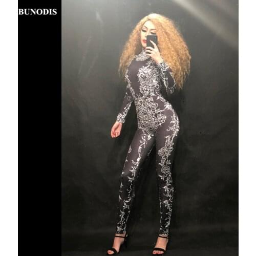 ZD148 Women White Printing Flowers Black Jumpsuit Sparkling Crystals Bodysuit Celebrate Stage Wear Costume Nightclub Birthday