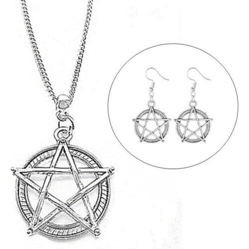 Vintage Gothic Supernatural Pendant Pentagram Necklace Earrings Jewelry Set Women Witch Pagan Charm Friendship Gift Bijoux