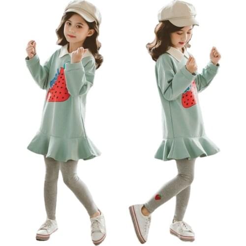Boutique Kids Clothing for Girls 2pc Sets Autumn Long Sleeve Green Pink Strawberry Dress and Leggings Fashion Teenage Suits