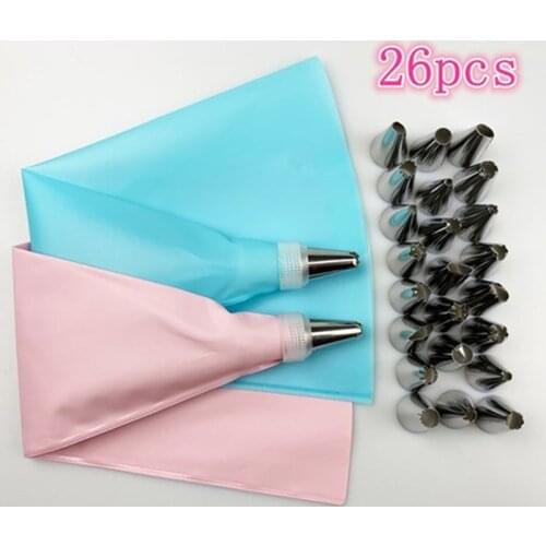 26 PCS Silicone Pastry Bag Tips Kitchen DIY Icing Piping Cream Reusable Pastry Bags +24 Nozzle Set Cake Making Decorating Tools