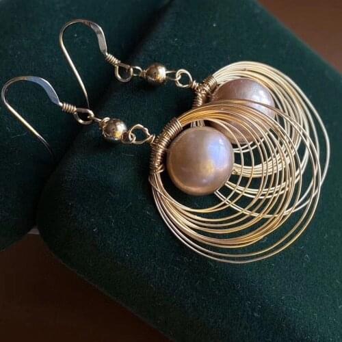 Free shipping 2020 lady natural pink purple color round genuine pearl bead 925 sterling silver hook handmade gold earring gift