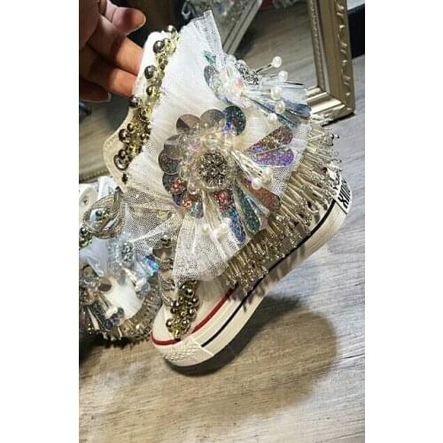 Sponge cake platform lace crystal tassel pendant beaded high-top canvas shoes tide brand crystal shoes