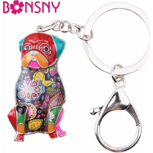 Bonsny Enamel Alloy Pug Dog Key Chains Keychains Rings Trendy Animal Jewelry Gifts For Women Girls Bag Car Pendant Charms Holder