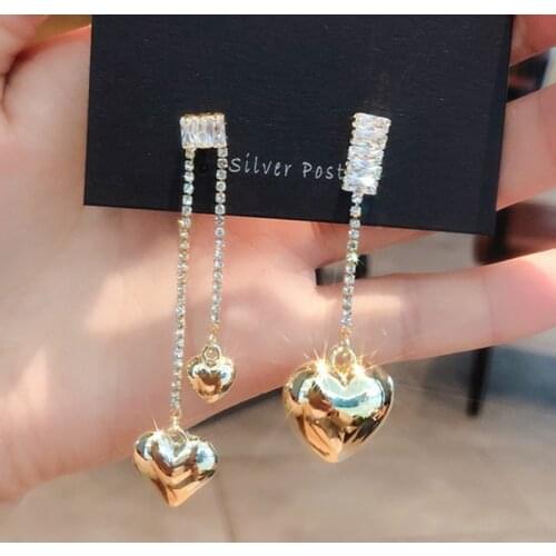 Korean Asymmetric Heart Long Earring Female Gold Color Personality Niche Design Zircon Earrings Women Jewelry Pendant
