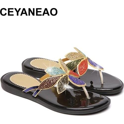 CEYANEAOSummer Shoes New Ladies Casual Leaf Shoes Sexy Crystal Rhinestone Design Women Sandal Hot Ladies Flip Flop SlipperE1656