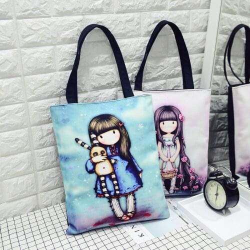 Cartoom Cute Girl Printed Women Canvas Shoulder Bag Female Tote Handbag Large Capacity Eco Reusable Shopping Bags Sleeve Pocket
