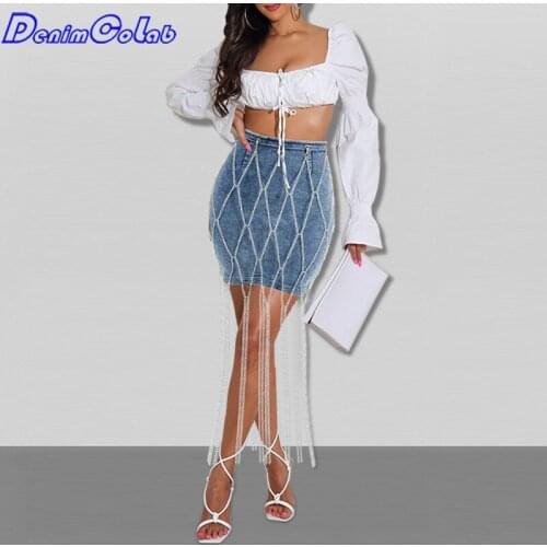 Denimcolab 2021 New Micro Elastic Denim Skirt Women Fashion Chain Decoration High Waist Mini Skirt Back Zip Office Lady Skirts