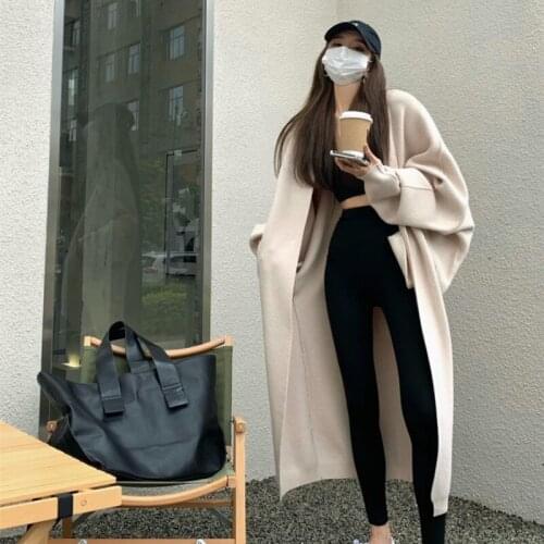 Autumn Casual Womens Knitted Long Cardigan Korean Clothing Fashion Solid Color Loose Bat Sleeve Mid-Length Sweater Coat Jacket