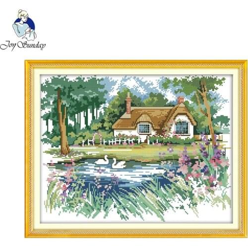 Joy Sunday The Pond-side Cabin Painting Counted Printed on Canvas 11CT14CT Chinese Cross Stitch Kits Embroidery Needlework Sets