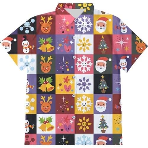 IFPD EU Size Funny Christmas Grid Stitching 3D Print Button Shirts Men Xmas Casual Cartoon Party Short Sleeve Shirts Plus Size