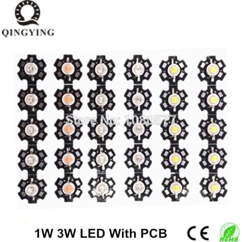 100pcs 1W 3W High Power LED White Warm White Cold White Yellow Deep Red Green Blue 445nm 660nm Light Beads with 20mm Star Pcb