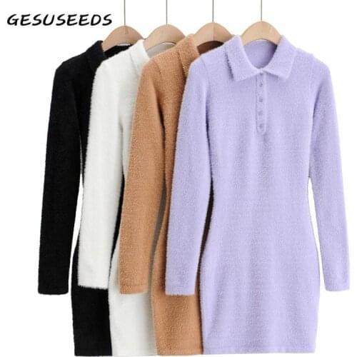 Knitted Dress Women Autumn Mini Dresses Vintage Short Sleeve Dress Bodycon Turn Down Collar Dresses Soft White Dress Black 2021