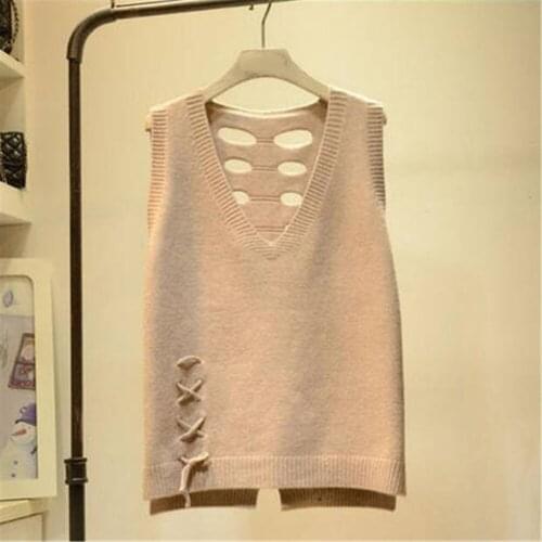 Spring Autumn 2020 Back Hollow V-neck Knitted Sweater Vest Female Sleeveless Strap Solid Color Pullover Sweater Vest Women